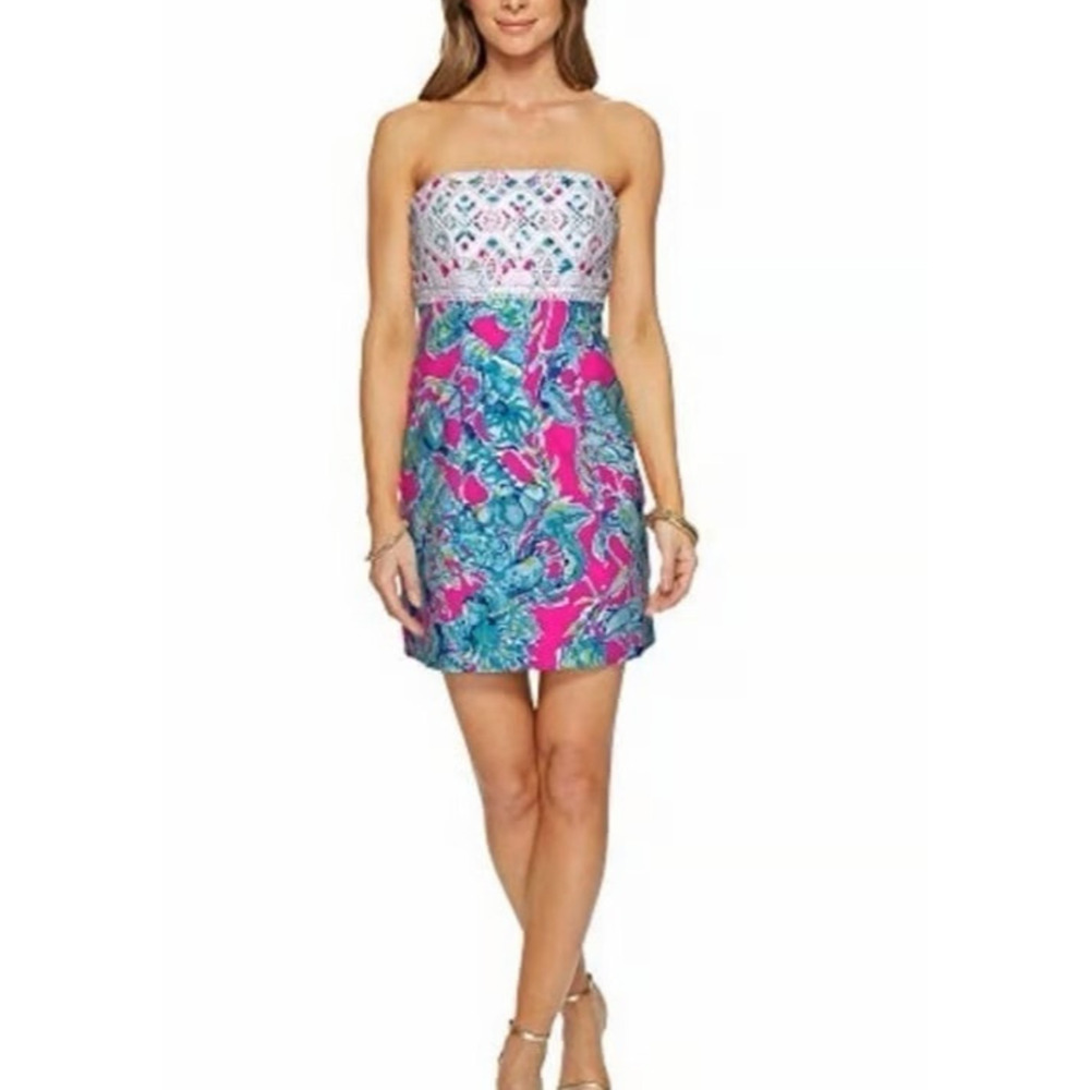 Lilly Pulitzer Brynn Strapless Dress Lobsters In Love Razz Crochet Shift Size 8 - Picture 16 of 16